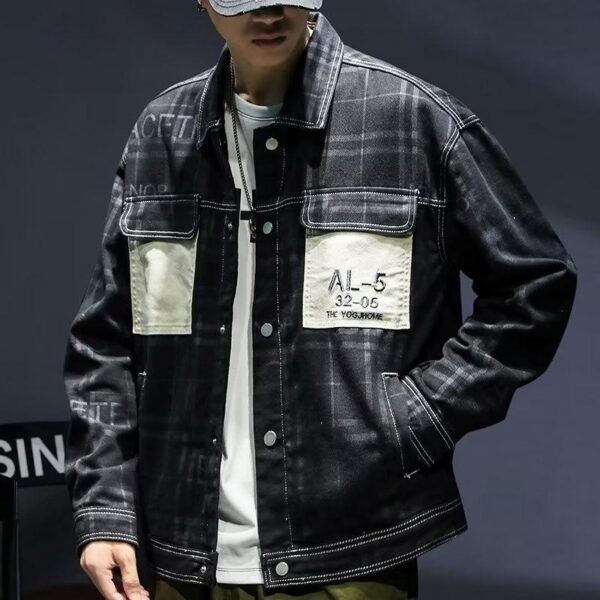 Black Plaid Contrast-Stitch Utility Jacket