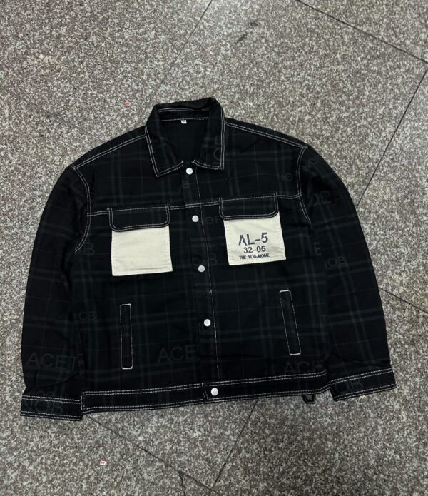 Black Plaid Contrast-Stitch Utility Jacket