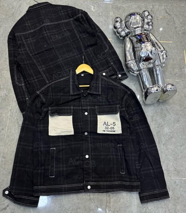 Black Plaid Contrast-Stitch Utility Jacket