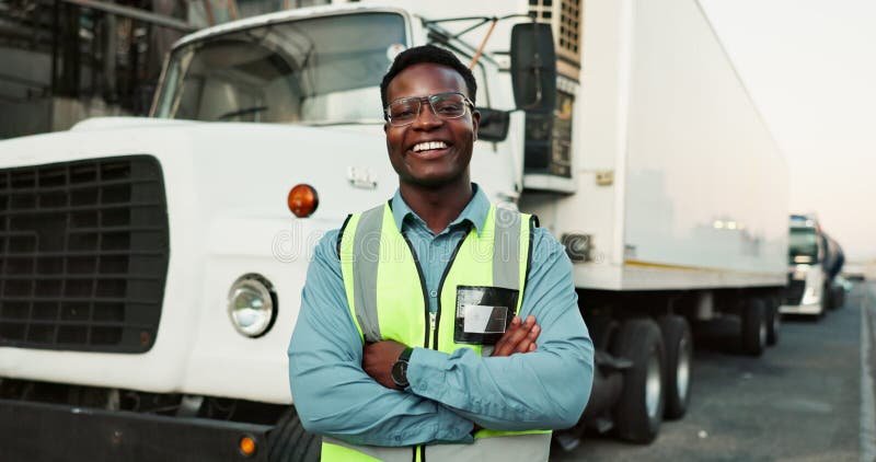 Man Face Truck Shipping Arms Crossed Smile Pride Delivery Commercial Logistics African Person Driver Happy 324419403 84801463